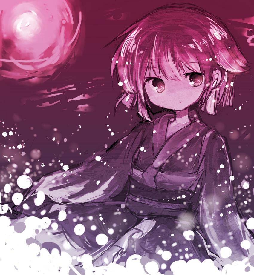 bad_id bad_pixiv_id full_moon highres japanese_clothes kimono minigirl monochrome moon no_hat no_headwear purple_eyes purple_hair sato_imo short_hair solo sukuna_shinmyoumaru touhou