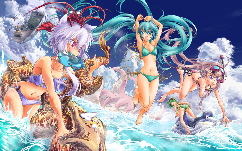 armpits arms_up bikini blonde_hair blue_eyes blue_hair cloud day diving_mask dutch_angle fish goggles goggles_on_head green_eyes green_hair gumi hatsune_miku highres ia_(vocaloid) jumping kagamine_len kagamine_rin kaito kamui_gakupo lobster long_hair megurine_luka mouth_hold multiple_girls nail_polish naka_(nicovideo14185763) navel ocean open_mouth outdoors pink_hair purple_eyes riding short_hair_with_long_locks side-tie_bikini sky snorkel swimsuit takoluka twintails very_long_hair vocaloid voiceroid water yuzuki_yukari