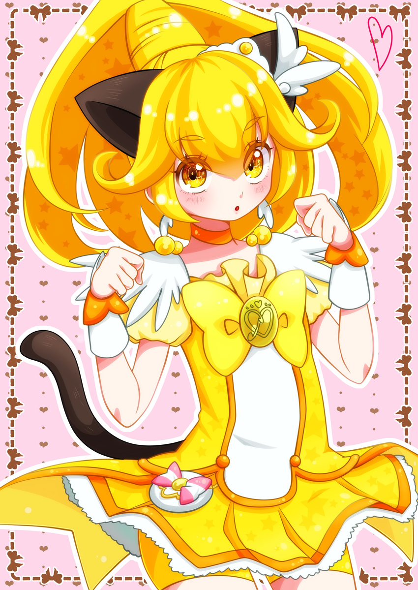 absurdres animal_ears bike_shorts blonde_hair bow cat_ears cat_tail choker cure_peace hair_flaps highres kemonomimi_mode kise_yayoi long_hair magical_girl ponytail precure shorts shorts_under_skirt skirt smile_precure! solo tail tiara wrist_cuffs yellow yellow_bow yellow_eyes yellow_shorts yellow_skirt yupiteru