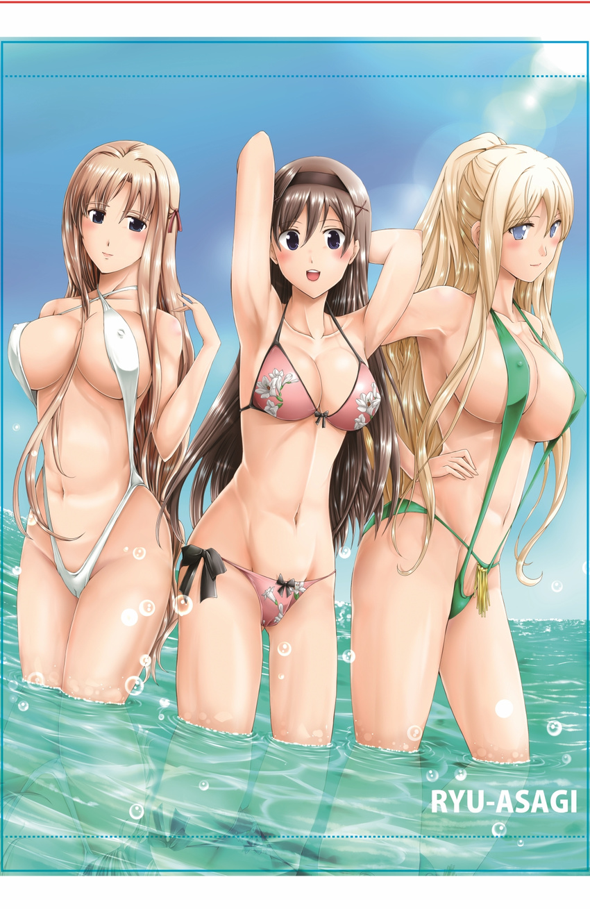 armpits asagi_ryuu bad_id bad_pixiv_id bikini black_eyes blonde_hair blue_eyes blush breasts brown_hair cameltoe cleavage covered_nipples hairband highres kitajima_sara large_breasts lens_flare long_hair matsubara_yuuna medium_breasts multiple_girls navel ocean ponytail shitogi_eris slingshot_swimsuit sono_hanabira_ni_kuchizuke_wo strap_gap swimsuit wading water