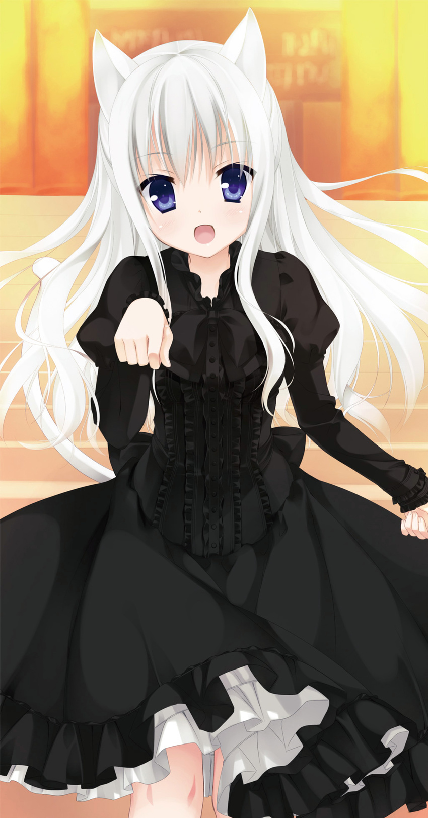 :d absurdres animal_ears black_dress blue_eyes cat_ears cat_tail character_request copyright_request dress highres kobuichi long_hair open_mouth paw_pose puffy_sleeves sleeves_past_wrists smile solo tail white_hair