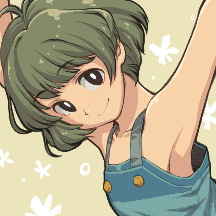 akizuki_ryou antenna_hair armpits arms_up blush brown_background brown_hair chiaki_rakutarou closed_mouth eyebrows_visible_through_hair green_hair highres idolmaster idolmaster_dearly_stars looking_at_viewer male_focus overalls short_hair smile solo upper_body