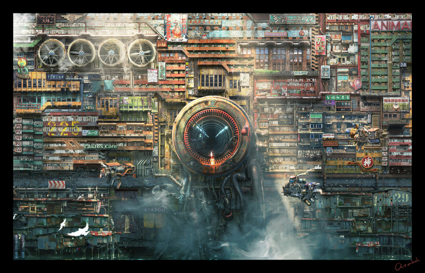 ataboh bad_id bad_pixiv_id bird building fan highres house no_humans original pipes scenery science_fiction smoke sunlight