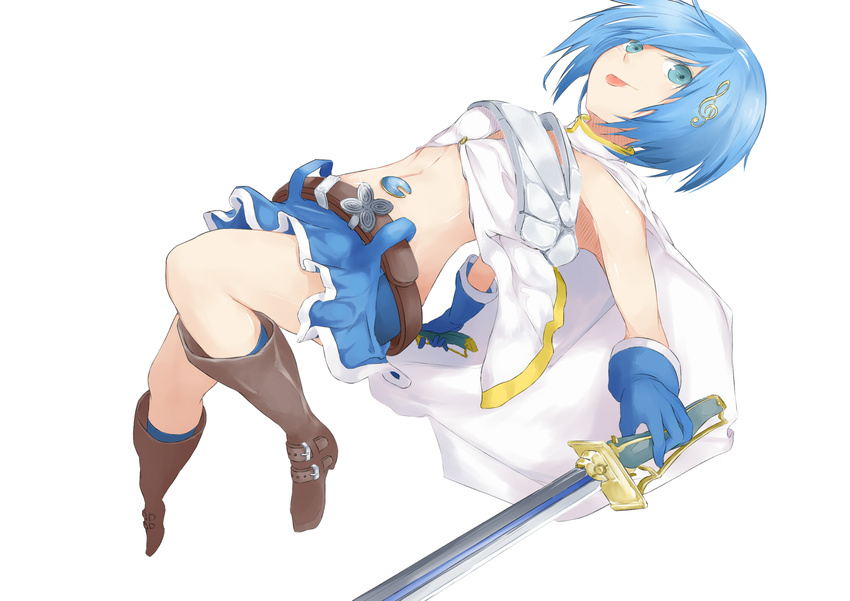 :p adapted_costume alternate_costume amazarash1 bare_shoulders belt blue_eyes blue_hair boots cape dual_wielding gloves hair_ornament hairclip highres holding magical_girl mahou_shoujo_madoka_magica midriff miki_sayaka short_hair simple_background solo soul_gem sword tongue tongue_out weapon white_background