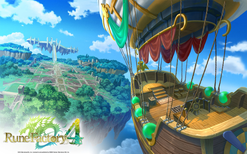 aircraft airship blue_sky cloud copyright_name day english floating floating_island highres island logo no_humans official_art rune_factory rune_factory_4 scenery sky stairs tree wallpaper watermark