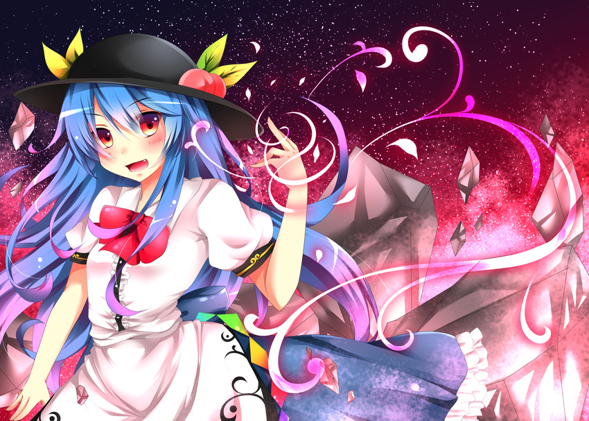 blue_hair blush food fruit hat highres hinanawi_tenshi long_hair looking_at_viewer miy@ open_mouth peach red_eyes sky smile solo star_(sky) starry_sky touhou