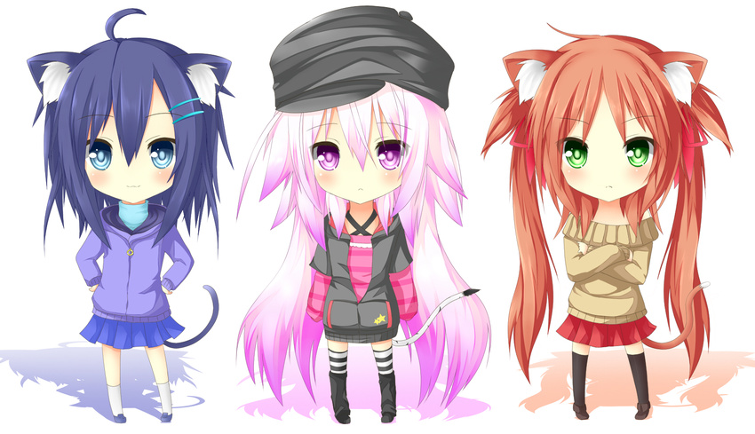 animal_ears blue_eyes blue_hair blush cat_ears cat_tail chabaneko chibi crossed_arms green_eyes hands_on_hips hat highres kokone_(chabaneko) long_hair looking_at_viewer multiple_girls original purple_eyes purple_hair short_hair simple_background skirt smile tail twintails very_long_hair white_background