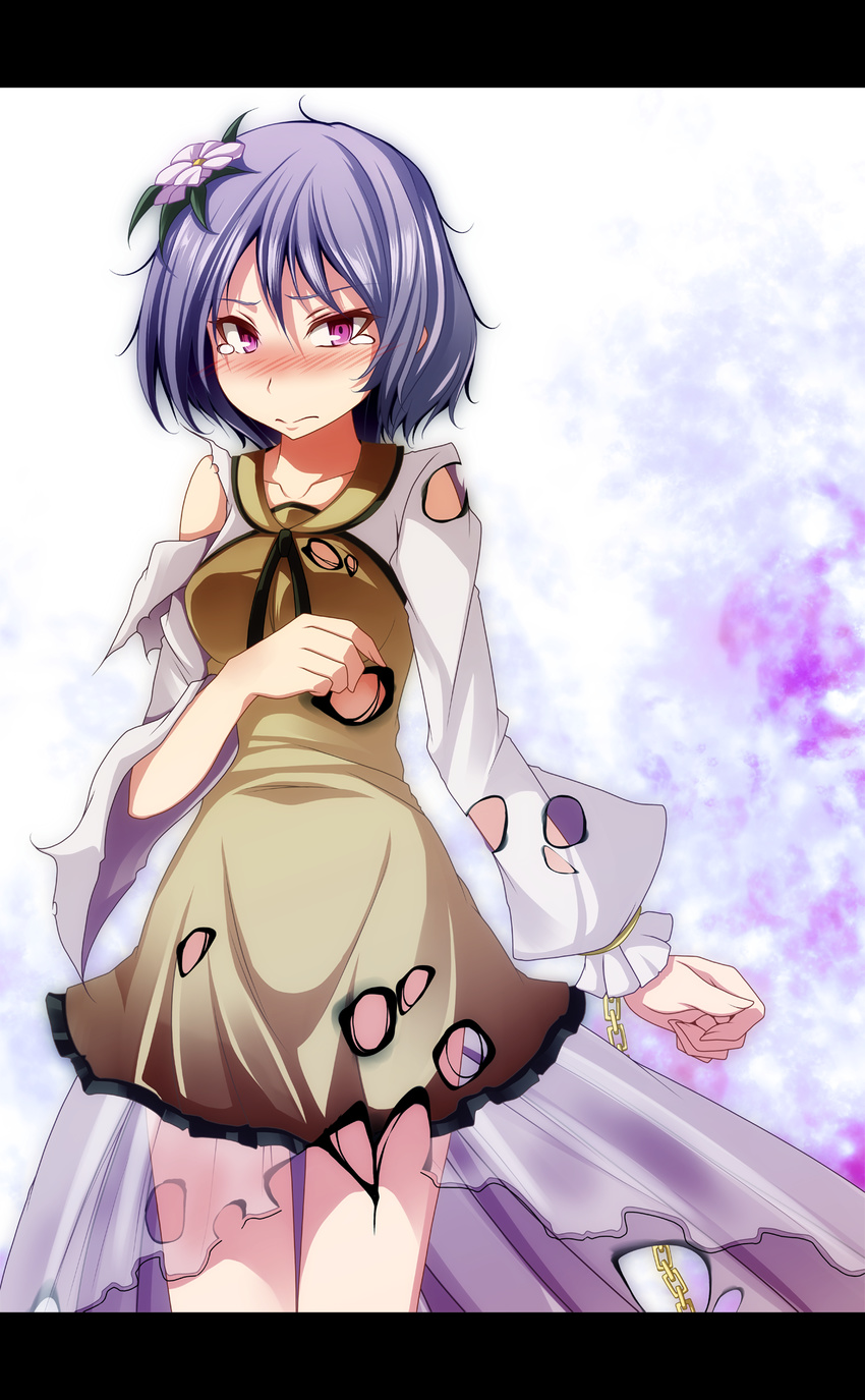 bad_id bad_pixiv_id blush burnt_clothes flower hair_flower hair_ornament highres lavender_hair letterboxed pink_eyes s-syogo short_hair solo tears touhou tsukumo_benben