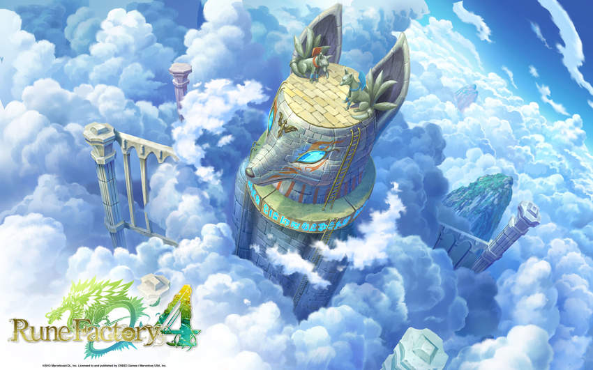 blue_sky cloud copyright_name day english fox from_above glowing highres ladder logo multiple_tails no_humans official_art pillar rune_factory rune_factory_4 runes scenery sky statue tail wallpaper watermark