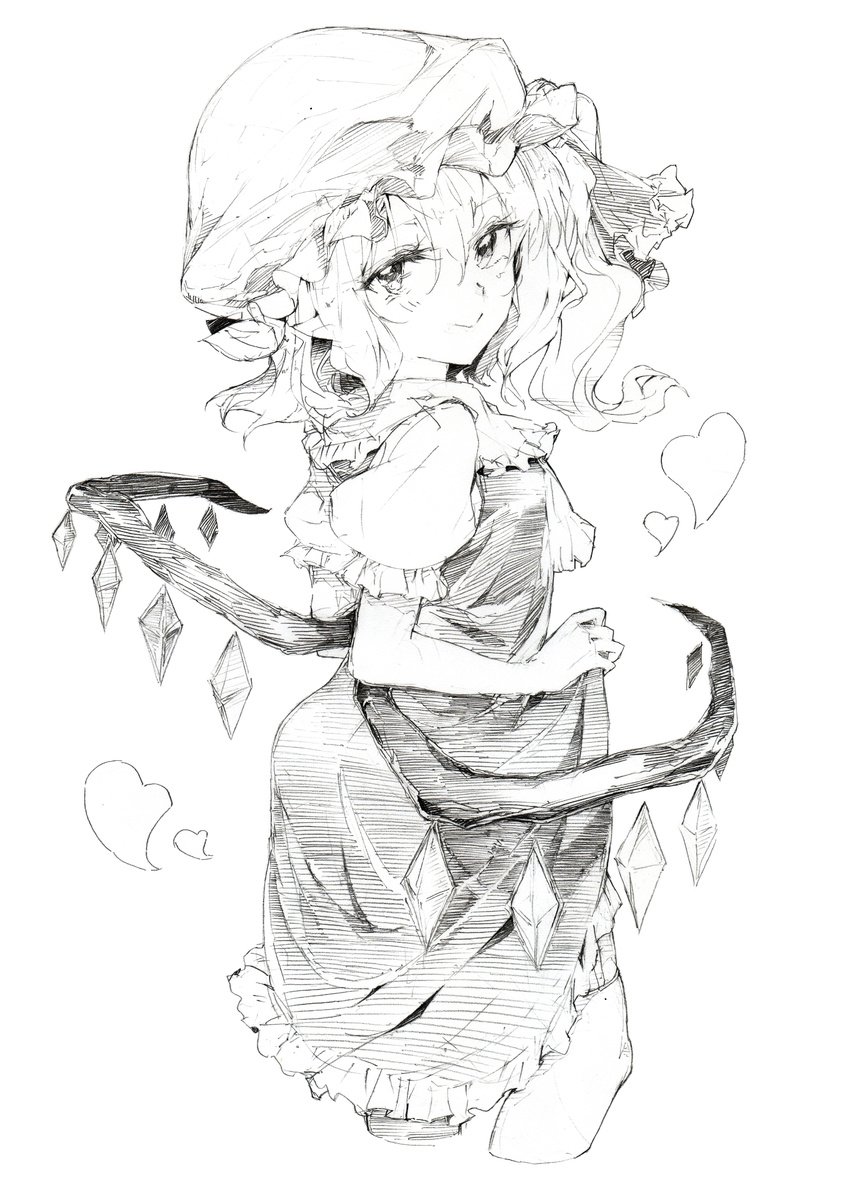 colored_pencil_(medium) dress dress_lift flandre_scarlet greyscale hat hat_ribbon heart highres looking_at_viewer looking_back mob_cap monochrome oshake ribbon side_ponytail smile solo touhou traditional_media wings