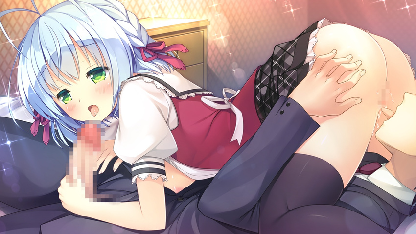 1boy 1girl 69 ass ass_grab blue_hair blush braid braids breasts censored cunnilingus fellatio game_cg green_eyes koba_kazuomi koi_saku_miyako_ni_ai_no_yakusoku_wo_~annaffiare~ natsume_eri nipples oral penis ribbon ribbons school_uniform seifuku short_hair skirt thighhighs winifred_d_land