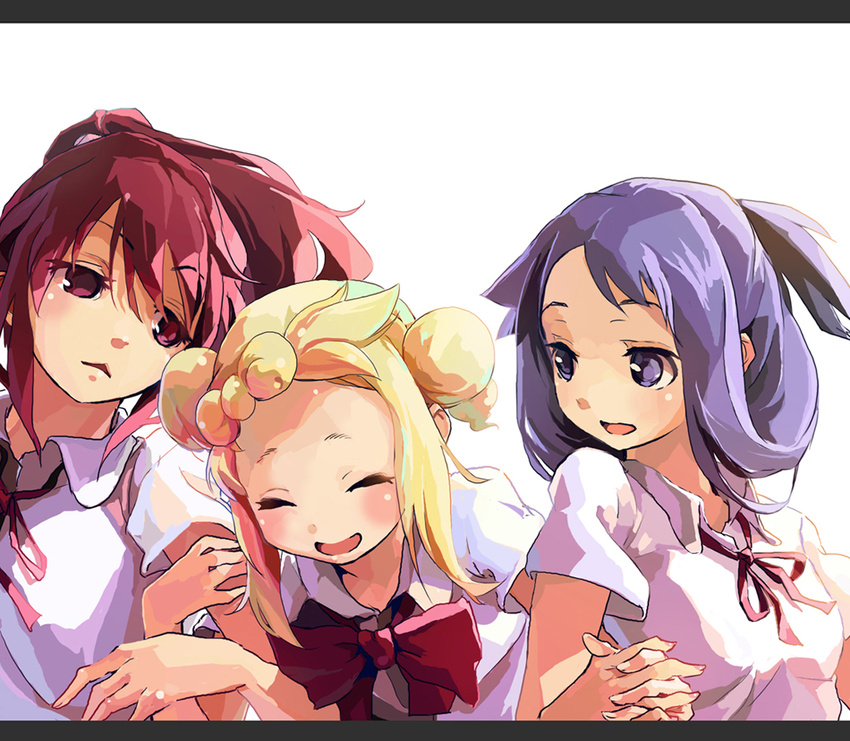 arm_holding atago_hiroe blonde_hair blouse blush bow bowtie closed_eyes double_bun dress_shirt hair_bun himematsu_school_uniform holding_hands interlocked_fingers mase_yuuko multiple_girls open_mouth ponytail purple_eyes purple_hair red_eyes red_hair ribbon saki school_uniform shirt short_hair skirt smile standing suehara_kyouko white_background white_shirt yaku_yojino