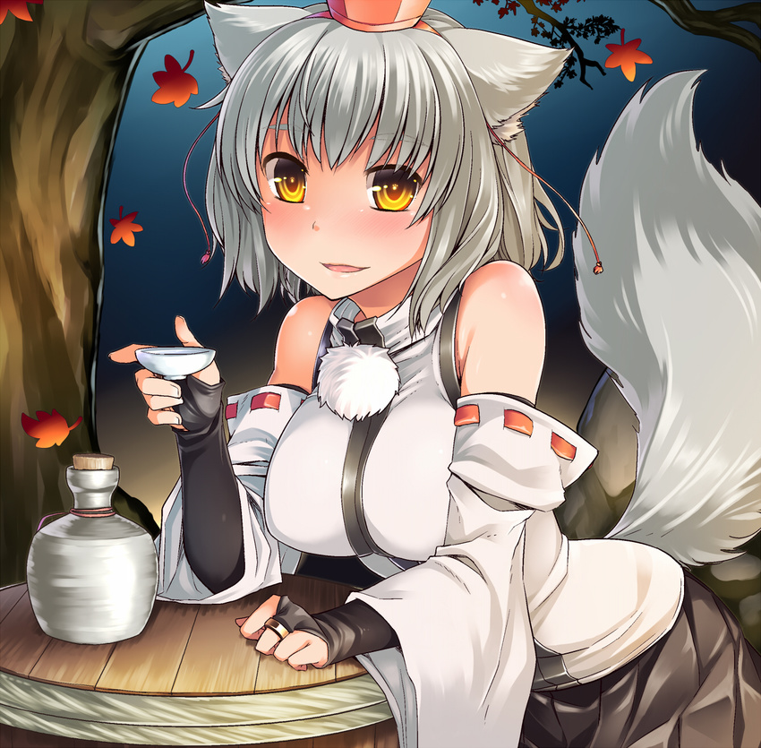 aaru_(tenrake_chaya) alcohol animal_ears autumn_leaves bare_shoulders blush breasts bridal_gauntlets cup detached_sleeves drunk hat hat_ribbon highres inubashiri_momiji large_breasts long_sleeves looking_at_viewer open_mouth paw_print ribbon sakazuki sake shirt silver_hair skirt solo symbol-shaped_pupils table tail tokin_hat touhou tree wide_sleeves wolf_ears wolf_tail yellow_eyes