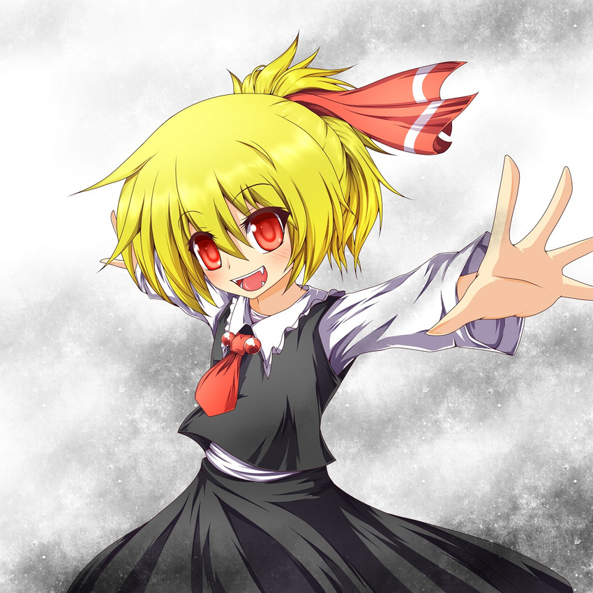alternate_hairstyle ascot blonde_hair fangs g_(desukingu) hair_ribbon highres long_sleeves open_mouth outstretched_arms ponytail red_eyes ribbon rumia shirt skirt skirt_set smile solo touhou vest