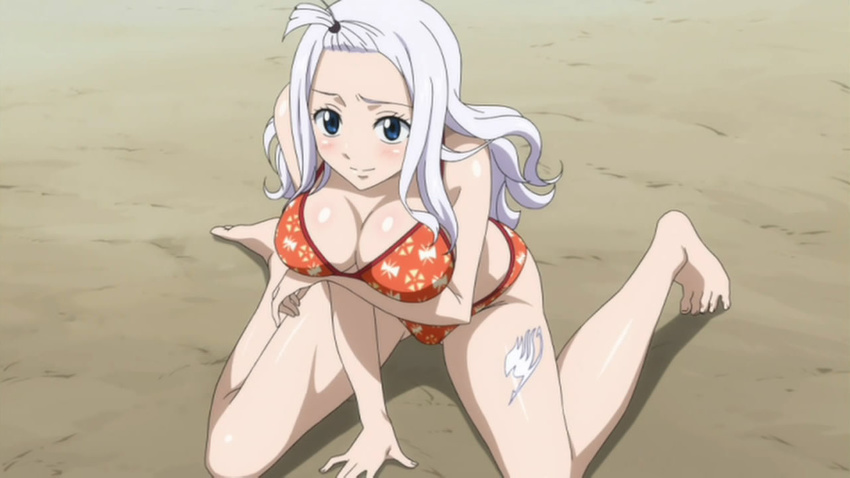 arm_support bare_legs bare_shoulders barefoot bikini blue_eyes blush body_blush breast_hold breasts cleavage fairy_tail feet fingernails forehead hands hips kneeling large_breasts leaning_forward legs long_hair looking_at_viewer mirajane on_ground one_side_up orange_bikini outdoors pose print_bikini screencap shadow shiny shiny_skin smile solo swimsuit tattoo thighs toes wavy_hair white_hair