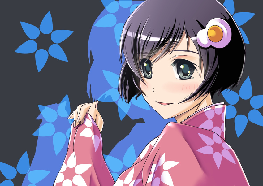 araragi_tsukihi black_eyes black_hair blush flower hair_ornament highres japanese_clothes kimono monogatari_(series) nenchi short_hair smile solo