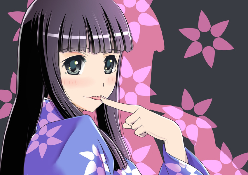 araragi_tsukihi black_eyes black_hair blush flower highres japanese_clothes kimono long_hair monogatari_(series) nenchi smile solo tongue tongue_out