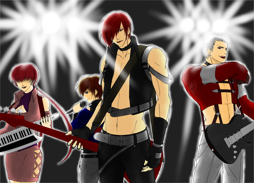 3boys alternate_costume band bass_guitar belt blue_eyes breasts brown_hair chris_(kof) cleavage cleavage_cutout cropped_jacket detached_sleeves earrings electric_guitar fingerless_gloves gear_(needle) gloves guitar hair_over_eyes hair_over_one_eye highres instrument jewelry keytar leotard lipstick long_hair makeup microphone miniskirt multiple_boys muscle nanakase_yashiro red_hair shermie shirtless short_hair silver_hair skirt smile stage_lights suspenders the_king_of_fighters the_king_of_fighters_'97 twintails vest yagami_iori