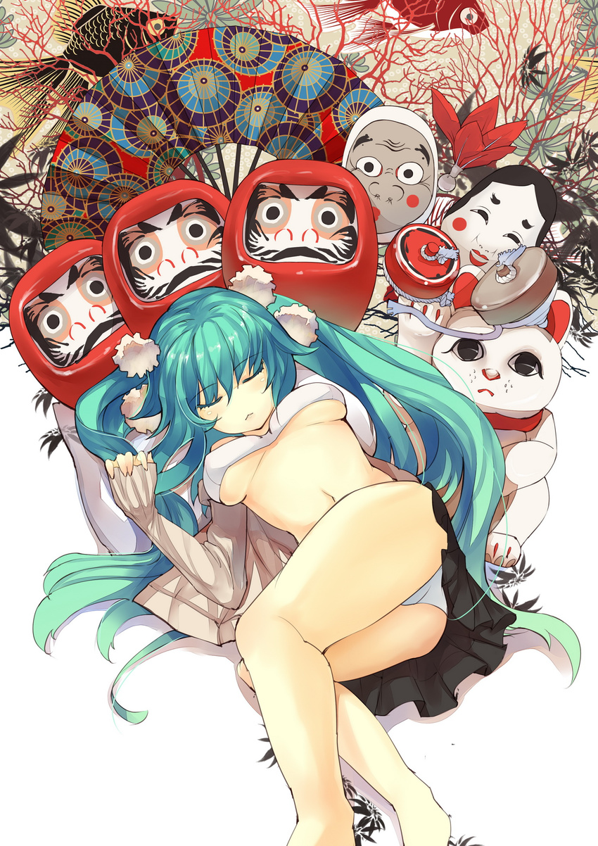 aqua_hair bare_legs barefoot bikini_top breasts closed_eyes daruma_doll doll fan fish hair_ornament hatsune_miku highres long_hair long_sleeves lying maneki-neko medium_breasts midriff navel on_back open_clothes open_shirt panties pillow rain_lan shirt sleeping solo twintails underboob underwear upskirt very_long_hair vocaloid white_panties