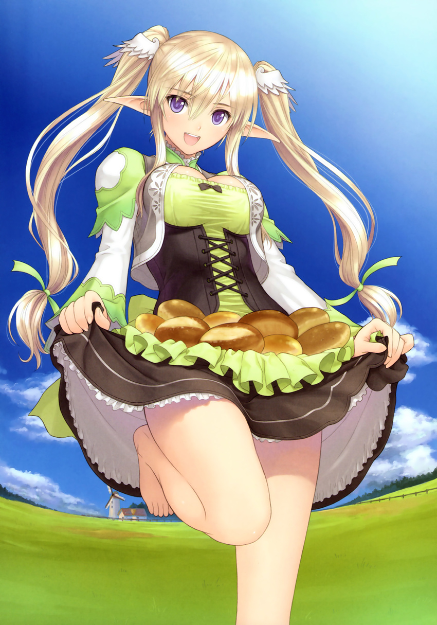 :d absurdres bare_legs barefoot blonde_hair blue_sky bread breasts cleavage corset day dress elf food green_dress hair_ornament highres leg_up long_hair medium_breasts open_mouth pointy_ears puffy_sleeves purple_eyes scan shannon_(shining_ark) shining_(series) shining_ark shirt skirt skirt_basket skirt_hold sky smile solo tanaka_takayuki taut_clothes taut_shirt turtleneck twintails vest