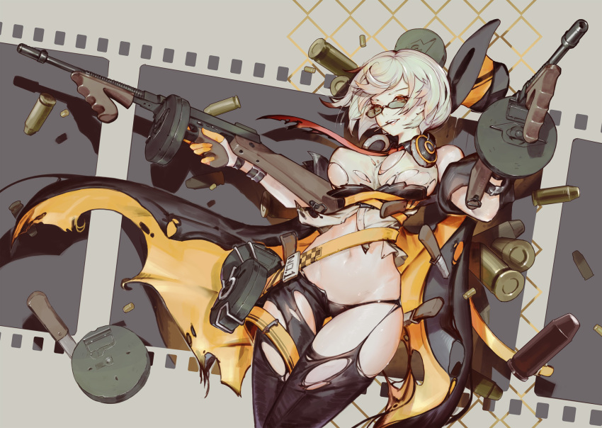 1girl breasts bullet commentary cowboy_shot film_strip girls_frontline glasses gloves grey_background gun hat headphones headphones_around_neck highres holding large_breasts navel necktie red_eyes revealing_clothes saimon_ma shirt short_hair silver_hair smile solo submachine_gun sunglasses thompson_submachine_gun thompson_submachine_gun_(girls_frontline) torn_clothes two-tone_background underbust weapon