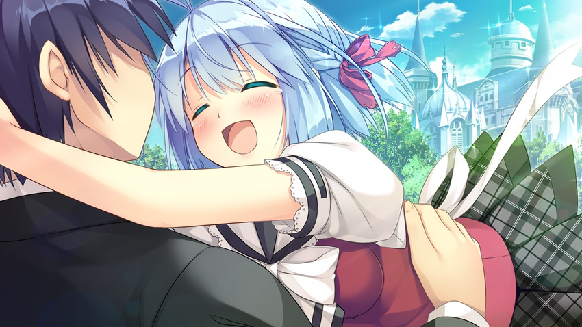 1girl blue_hair blush eyes_closed game_cg koba_kazuomi koi_saku_miyako_ni_ai_no_yakusoku_wo_~annaffiare~ natsume_eri school_uniform short_hair skirt thighhighs uniform winifred_d_land