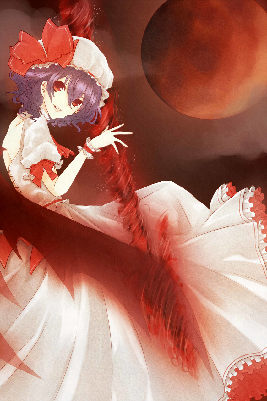 absurdres ascot backless_dress backless_outfit bad_id bad_pixiv_id bat_wings blouse bow collared_shirt dress frilled_dress frilled_shirt frilled_skirt frills full_moon hair_between_eyes hat hat_bow head_tilt highres huge_weapon large_bow long_skirt looking_at_viewer mob_cap moon night night_sky onizuka_mari polearm puffy_sleeves purple_hair red_background red_eyes red_moon remilia_scarlet ribbon shirt short_sleeves skirt skirt_set sky smile solo spear spear_the_gungnir touhou turning_head wavy_hair weapon white_blouse white_dress white_shirt white_skirt wings wrist_cuffs