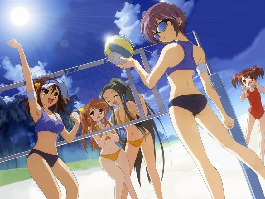 5girls asahina_mikuru ball beach beach_volleyball bikini brown_eyes brown_hair eyes_closed green_hair grey_hair kyon_no_imouto long_hair multiple_girls nagato_yuki ponytail short_hair smile sunglasses suzumiya_haruhi suzumiya_haruhi_no_yuuutsu swimsuit tsuruya twintails very_long_hair volleyball