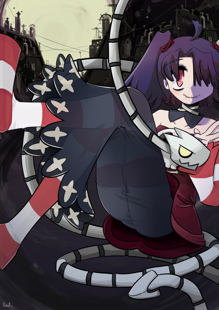 absurdres bare_shoulders blue_skin detached_collar detached_sleeves hair_over_one_eye highres knees_up leviathan_(skullgirls) long_hair long_skirt looking_at_viewer panties power_lines red_eyes see-through side_ponytail sitting skirt skull skullgirls smile solo squigly_(skullgirls) stitched_mouth stitches striped striped_legwear striped_panties striped_sleeves thighhighs underwear v wpotion zombie