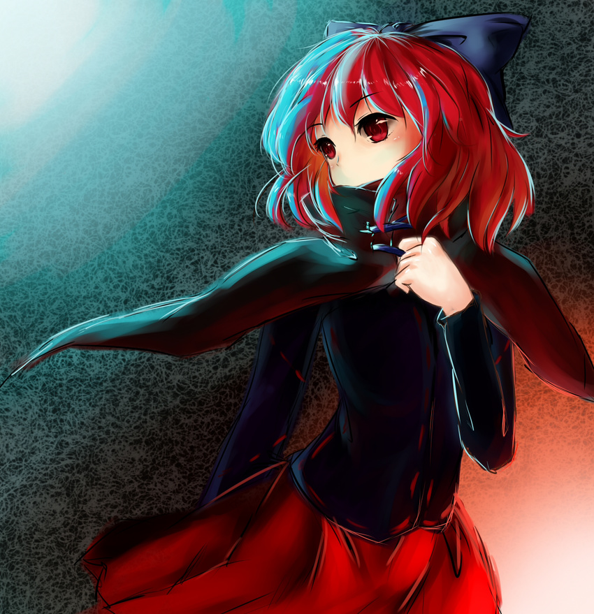 arm_behind_back bad_id bad_pixiv_id blouse bow cape covering_mouth gradient gradient_background hair_bow hand_on_own_chest highres little_nine long_sleeves looking_away red_eyes red_hair sekibanki short_hair skirt solo touhou