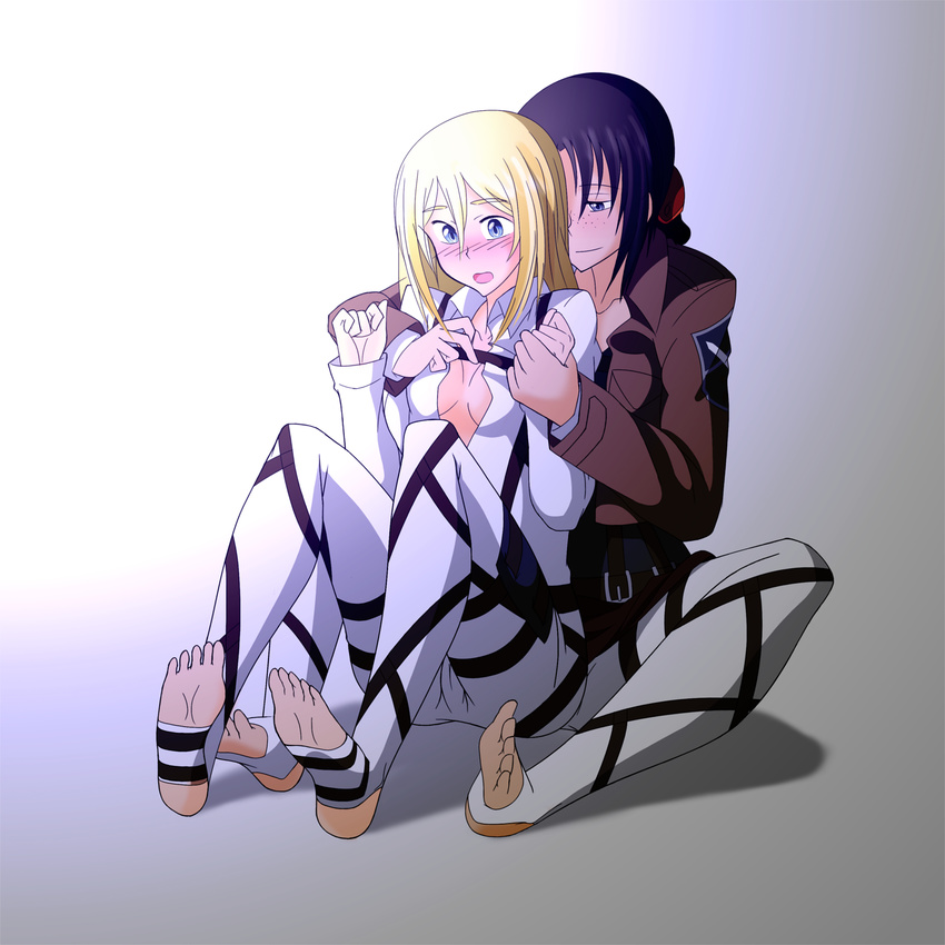 black_hair blonde_hair blush christa_renz emblem felisfurtificus freckles highres jacket multiple_girls paradis_military_uniform shingeki_no_kyojin short_hair thigh_strap training_corps_(emblem) ymir_(shingeki_no_kyojin) yuri