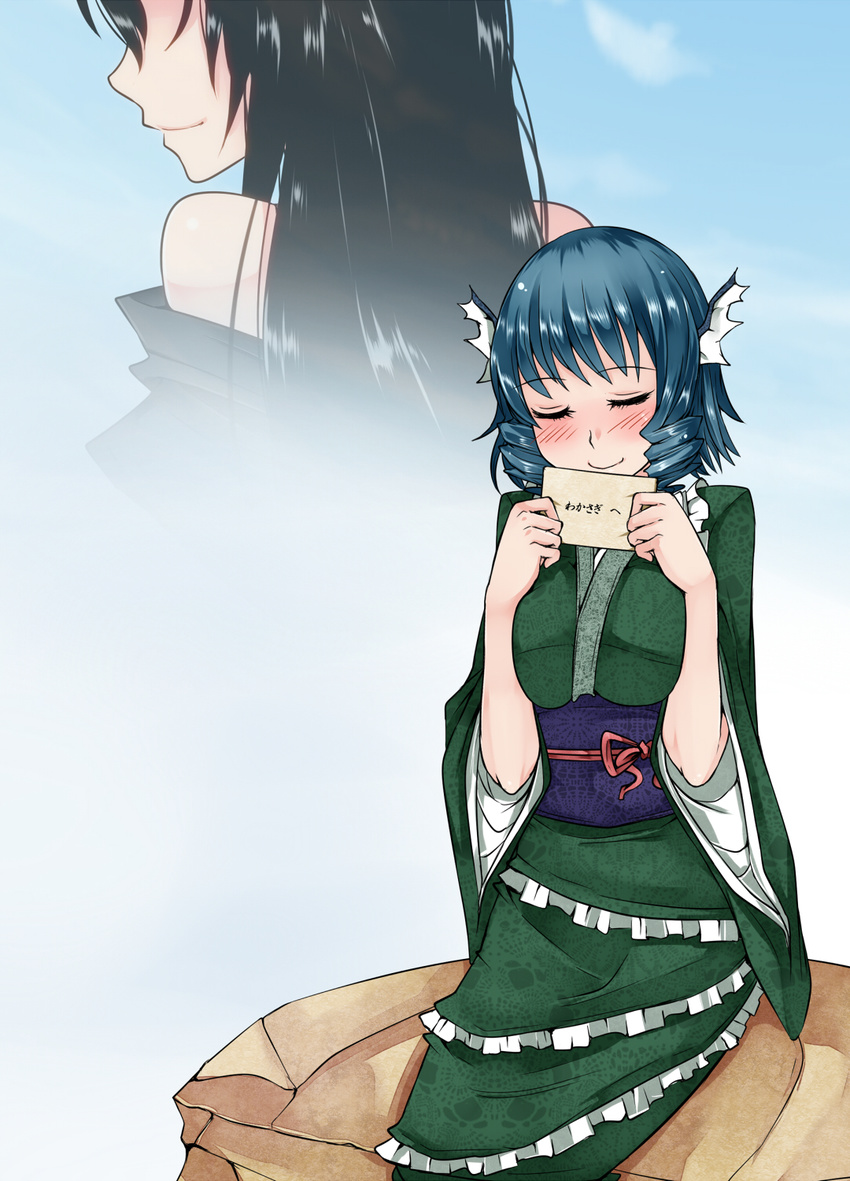 aoshima bare_shoulders black_hair blue_hair blush bow closed_eyes dress faceless frilled_dress frills from_behind green_dress head_fins highres imaizumi_kagerou japanese_clothes kimono letter long_hair mermaid monster_girl multiple_girls obi rock sash short_hair smile solo_focus touhou wakasagihime wide_sleeves