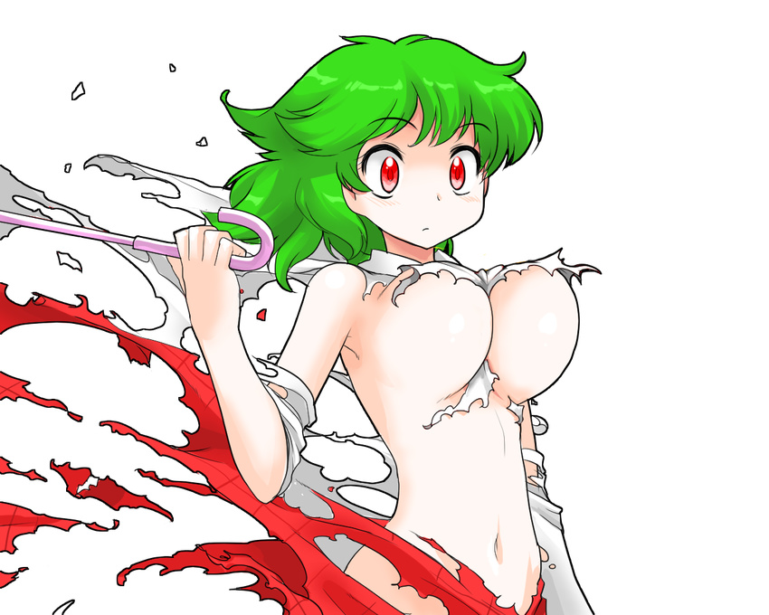 blush breasts censored convenient_censoring exploding_clothes green_hair kazami_yuuka large_breasts mono_(moiky) navel red_eyes short_hair solo torn_clothes touhou transparent_background umbrella underboob