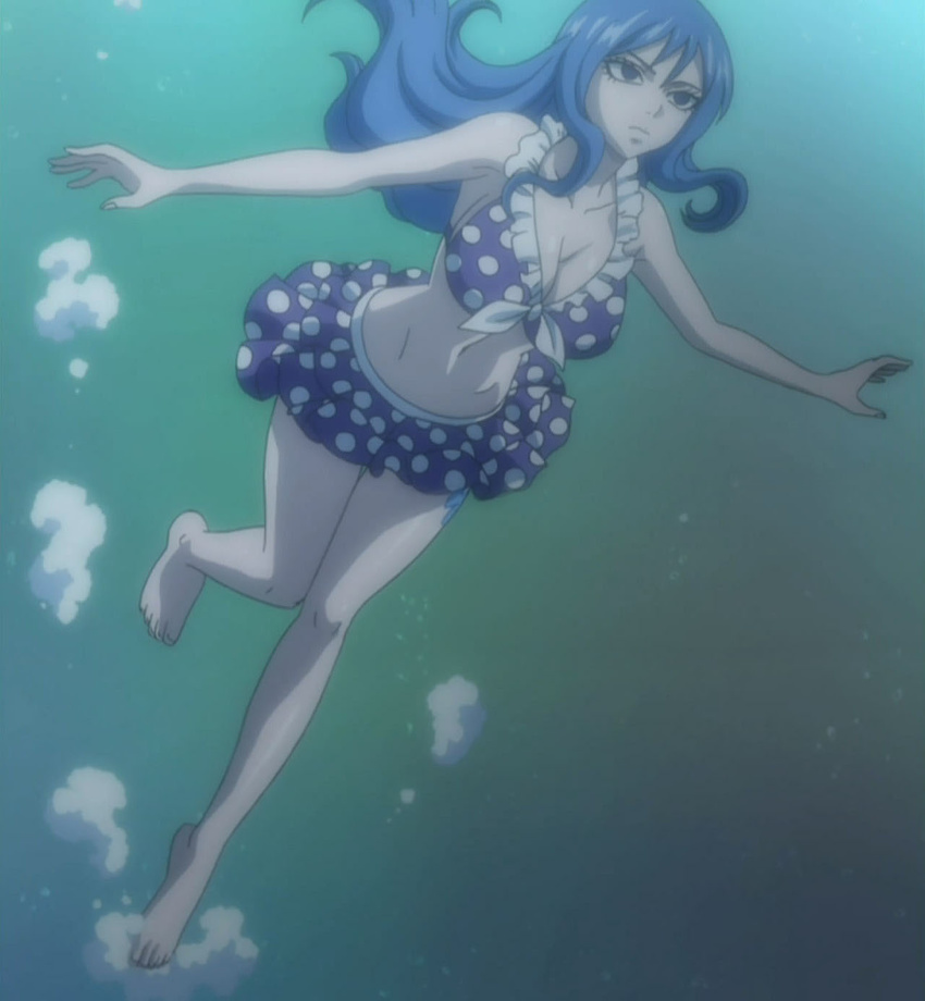 1girl bare_shoulders bikini blue_hair breasts fairy_tail feet freediving juvia_loxar large_breasts long_hair navel screencap stitched swimming swimsuit underwater