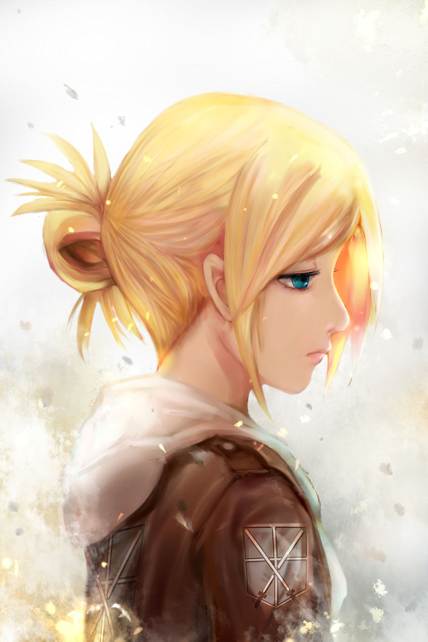 annie_leonhardt blonde_hair blue_eyes emblem highres hood jacket long_sleeves military military_uniform paradis_military_uniform ponytail shingeki_no_kyojin short_hair solo training_corps_(emblem) uniform zhang_xiao_bo