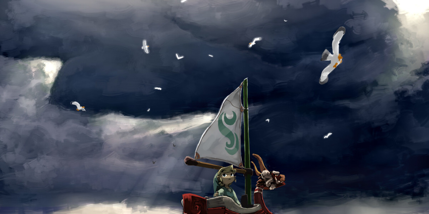 bad_id bad_pixiv_id bird black_eyes blonde_hair boat cloud cloudy_sky creature dark_clouds hat horns kuruuya light_rays link long_sleeves looking_up open_mouth pointy_ears sailboat scenery seagull sky sunbeam sunlight the_king_of_red_lions the_legend_of_zelda the_legend_of_zelda:_the_wind_waker toon_link tunic watercraft younger