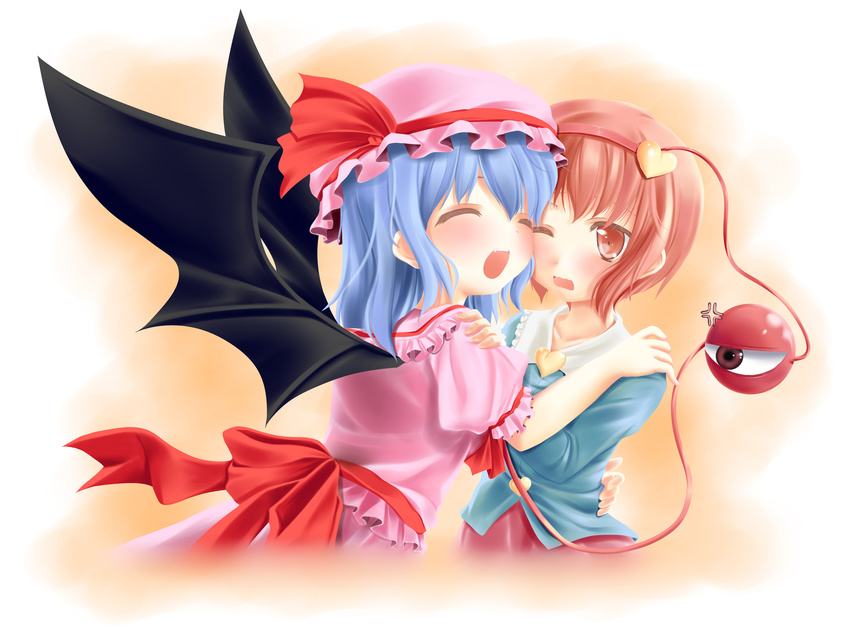 anger_vein arm_around_waist bat_wings blouse blue_hair bow cheek-to-cheek closed_eyes fang gradient gradient_background hand_on_another's_shoulder hat hat_ribbon headband heart highres hug ifnil komeiji_satori long_sleeves looking_at_another mob_cap multiple_girls one_eye_closed open_mouth pink_eyes pink_hair puffy_short_sleeves puffy_sleeves remilia_scarlet ribbon short_hair short_sleeves simple_background skirt skirt_set third_eye touhou wavy_mouth wings