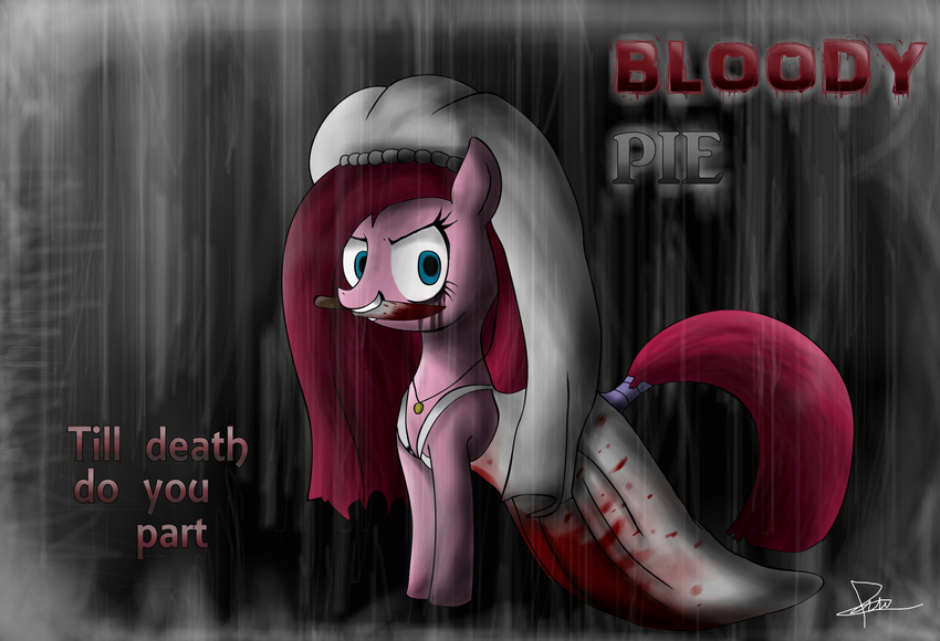 blue_eyes clothed clothing dress english_text equine female feral friendship_is_magic fur hair horse jewelry knife long_hair looking_at_viewer mammal my_little_pony necklace open_mouth pink_fur pink_hair pinkamena_(mlp) pinkie_pie_(mlp) pony smile solo teeth text the-butch-x weapon wedding_dress