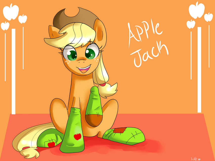 apple applejack_(mlp) blonde_hair cowboy_hat equine female feral freckles friendship_is_magic fruit green_eyes hair hat horse kakashischika mammal my_little_pony patch patches pony sitting smile socks solo
