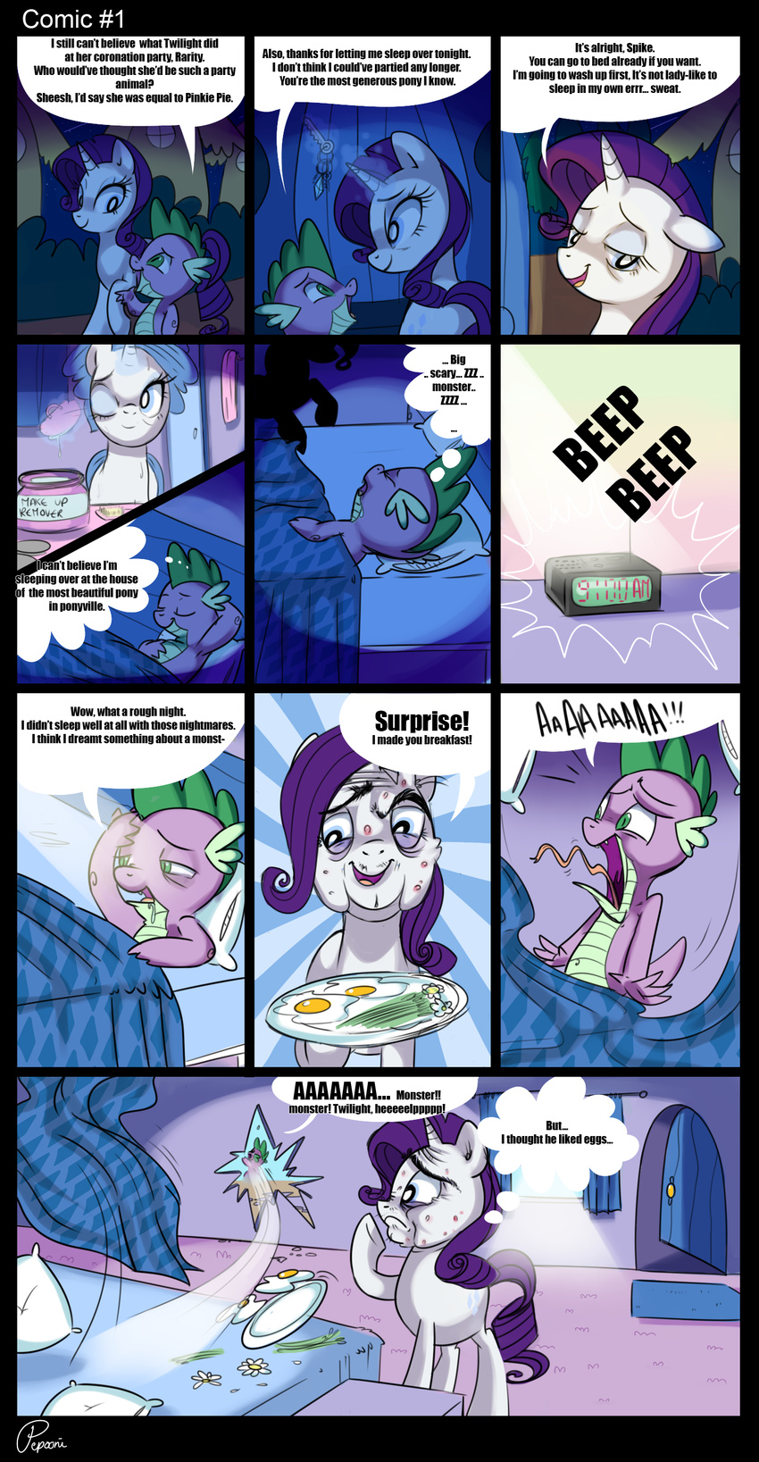 alarm_clock bed blue_eyes clock comic cutie_mark dialog door dragon drooling egg english_text equine eyes_closed female feral friendship_is_magic fur glowing green_eyes hair horn horse humor inside key long_hair lying magic makeup male mammal my_little_pony on_back on_side open_mouth outside pepooni pillow plate pony purple_hair rarity_(mlp) saliva scalie smile spike_(mlp) teeth text tongue unicorn white_fur window