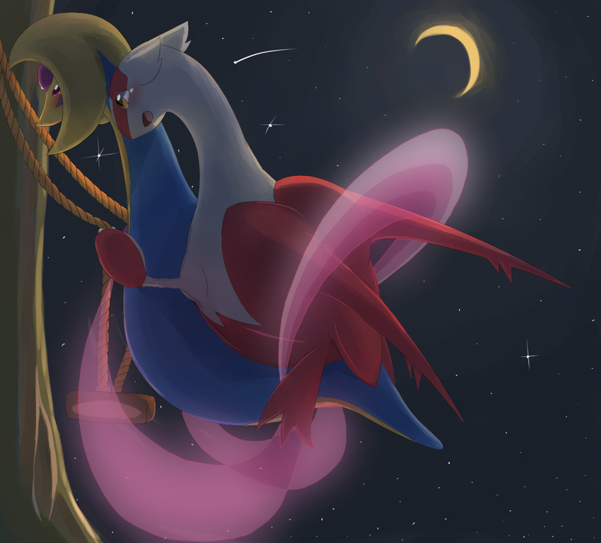 2girls blush cresselia female hug kajinchu kaze_nin kazejin_(kajinchu) latias moon multiple_girls night nintendo open_mouth outside pok&#233;mon pok&eacute;mon pokemon pokemon_dppt pokemon_rse red_eyes rope shooting_star star swing video_games wings yellow_eyes yuri