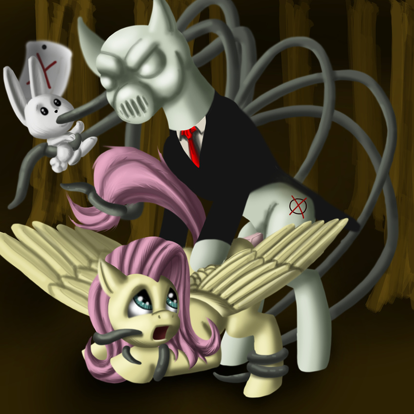 bdsm bondage bound clothing cr33per creepy cutie_mark domination equine female feral fluttershy_(mlp) forced forest friendship_is_magic fur hair horse lagomorph long_hair looking_back male mammal monster my_little_pony necktie nightmare_fuel note open_mouth oral_penetration pegasus penis pink_hair ponification pony rabbit raised_tail rape scared slenderman straight suit tentacle_rape tentacles tree wings yellow_fur