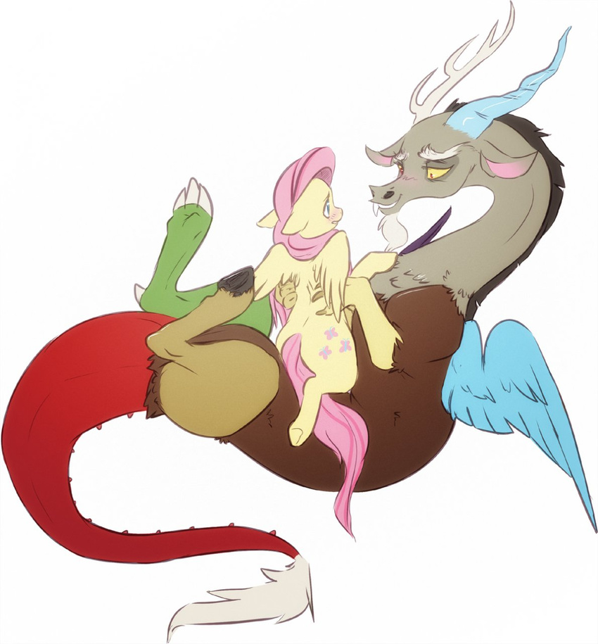 antler antlers blush cutie_mark discord_(mlp) draconequus duo equine female feral fluttershy_(mlp) friendship_is_magic fur green_eyes hair horn horse maim male mammal my_little_pony pegasus pink_hair plain_background pony red_eyes white_background wings yellow_fur