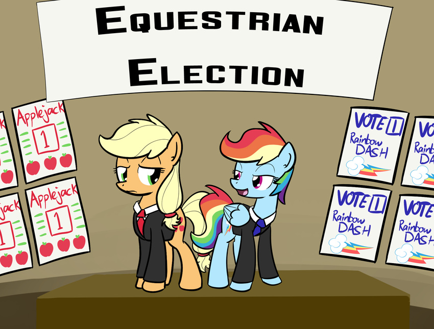 applejack_(mlp) blonde_hair blue_fur clothing cutie_mark duo english_text equine female feral friendship_is_magic frown fruit fur green_eyes hair horse long_hair looking_back mammal multi-colored_hair my_little_pony necktie open_mouth orange_fur pegasus pony poster purple_eyes rainbow_dash_(mlp) rainbow_hair smile suite text tongue whatsapokemon wings