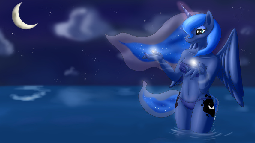 anthro anthrofied bikini blue_eyes blue_fur blue_hair cool_colors cutie_mark equine female friendship_is_magic fur hair horn horse magic mammal moon my_little_pony night pony princess_luna_(mlp) renatetherat solo swimsuit water winged_unicorn wings