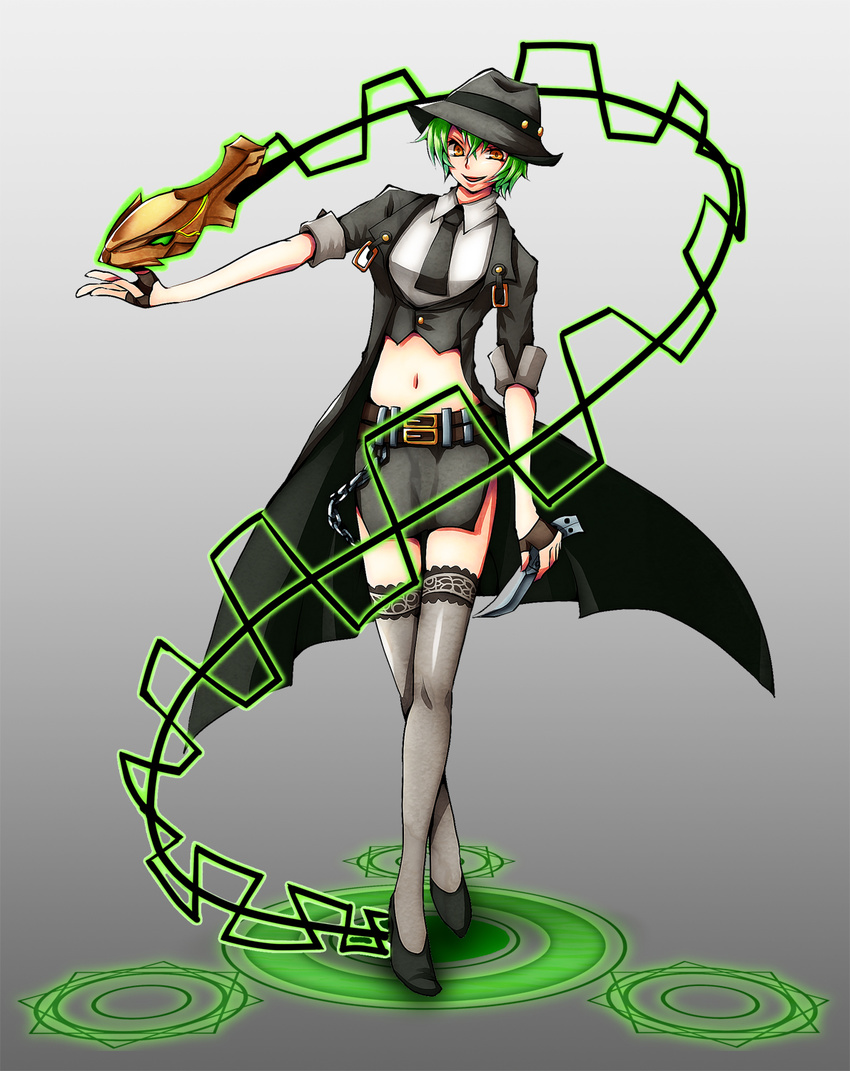 1girl arc_system_works artist_request balisong belt black_legwear blazblue blazblue:_continuum_shift breasts chains coat fedora female fingerless_gloves genderswap gloves green_hair hat hazama high_heels knife looking_at_viewer midriff miniskirt navel necktie open_mouth ouroboros short_hair skirt smile snake solo thighhighs tie trench_coat weapon yellow_eyes