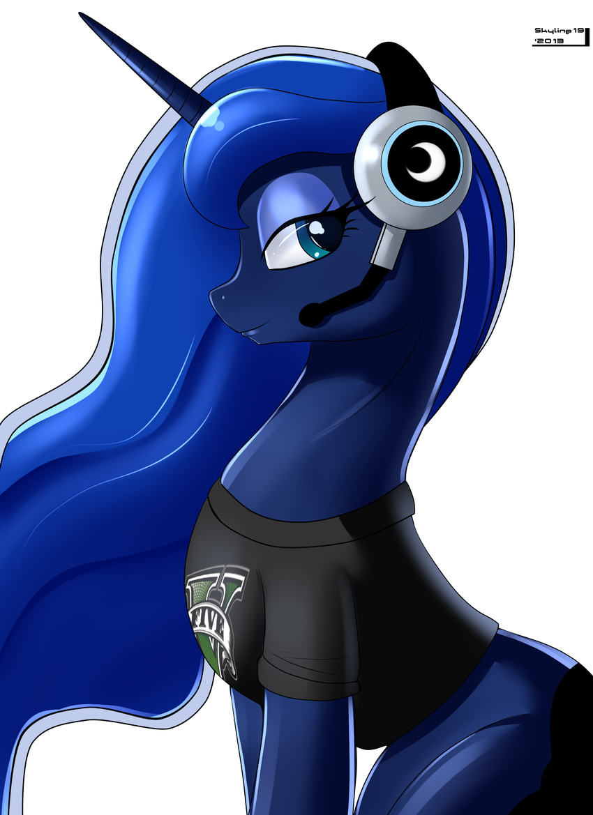 blue_eyes blue_hair blue_skin clothed clothing cutie_mark equine eyeshadow female feral friendship_is_magic gamer grand_theft_auto grand_theft_auto_v hair headphones headset hi_res horn horse long_hair looking_at_viewer looking_back makeup mammal microphone my_little_pony plain_background pony princess_luna_(mlp) shirt sitting skyline19 smile solo unicorn white_background