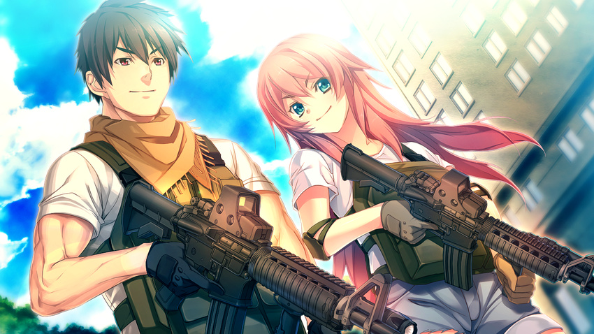 1girl assault_rifle black_hair blue_eyes day eotech game_cg gun holding holding_gun holding_weapon innocent_bullet kanzaki_sayaka_(innocent_bullet) long_hair m4_carbine nachi_yuuji oosaki_shin'ya outdoors red_eyes red_hair rifle smile torn_clothes vertical_foregrip weapon