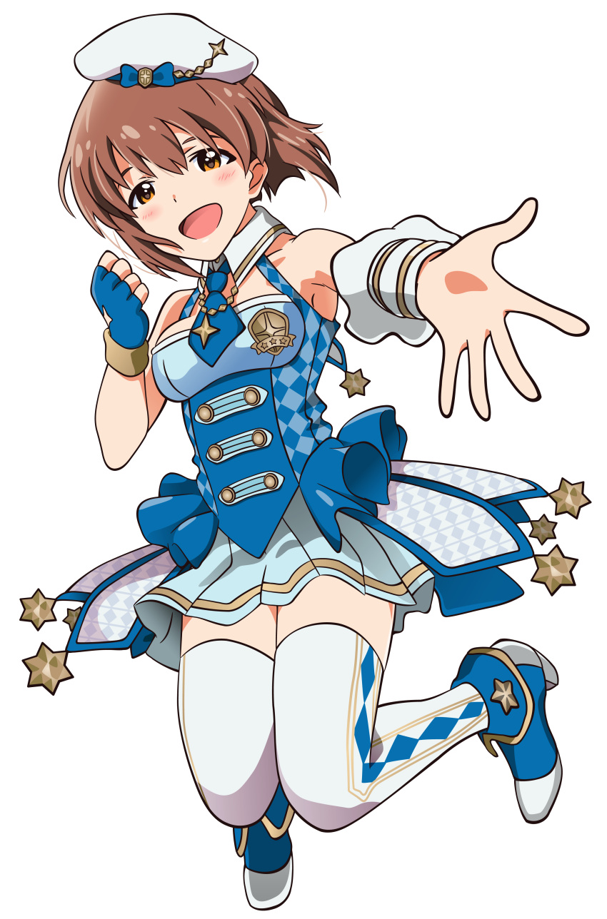 1girl absurdres akizuki_ritchan beret brown_hair fingerless_gloves full_body gloves hagiwara_yukiho hat highres idolmaster idolmaster_(classic) idolmaster_platinum_stars necktie open_mouth outstretched_hand single_glove skirt smile solo star thighhighs twinkle_star_(idolmaster) zettai_ryouiki