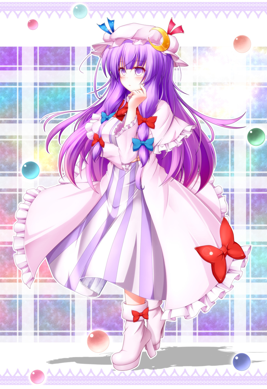 absurdres aka_tawashi ball blush boots bow crescent frills hair_bow hat highres long_hair mob_cap patchouli_knowledge purple_eyes purple_hair robe shadow solo touhou very_long_hair